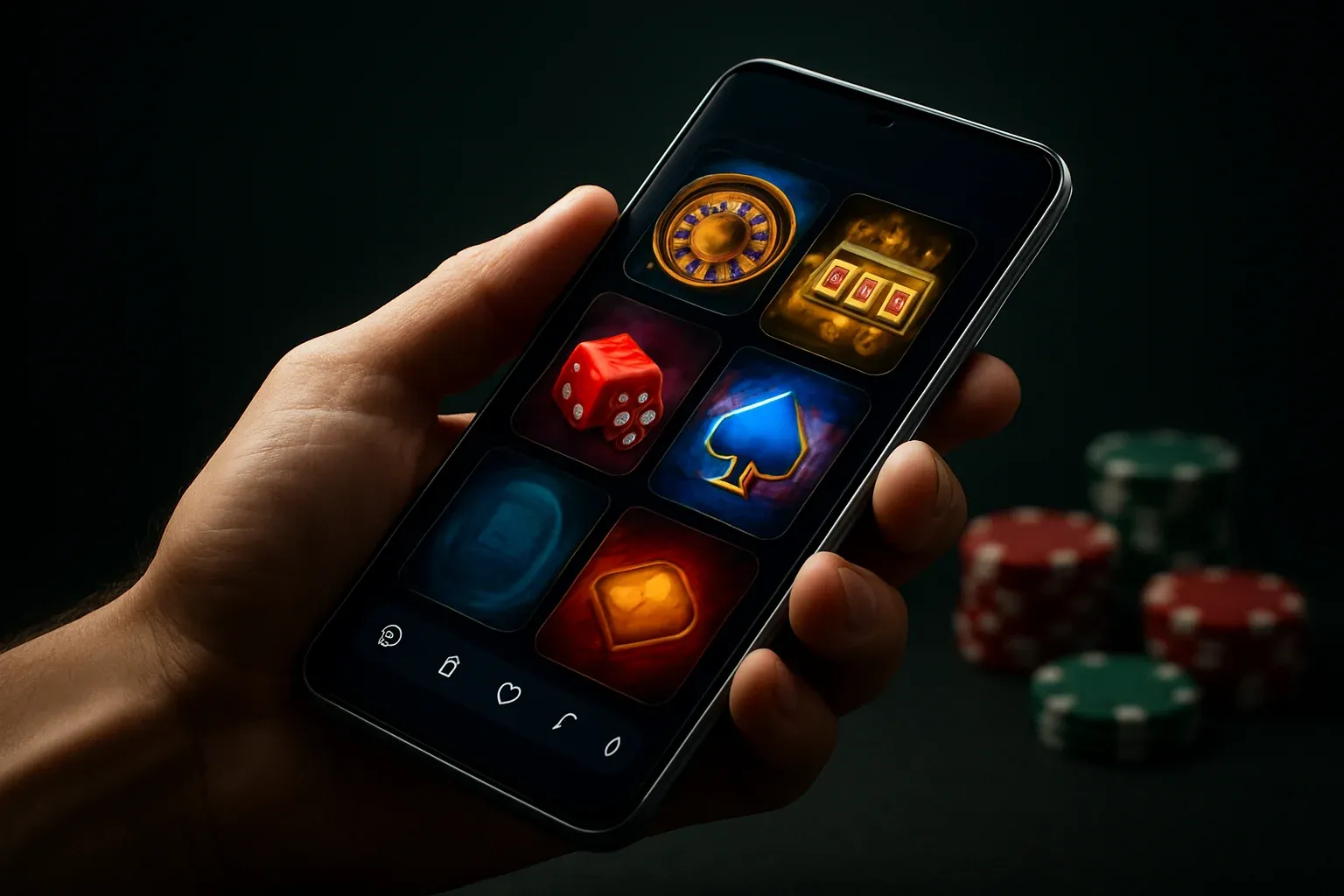 Flagship Android smartphone displaying vivid casino app interface in hand
