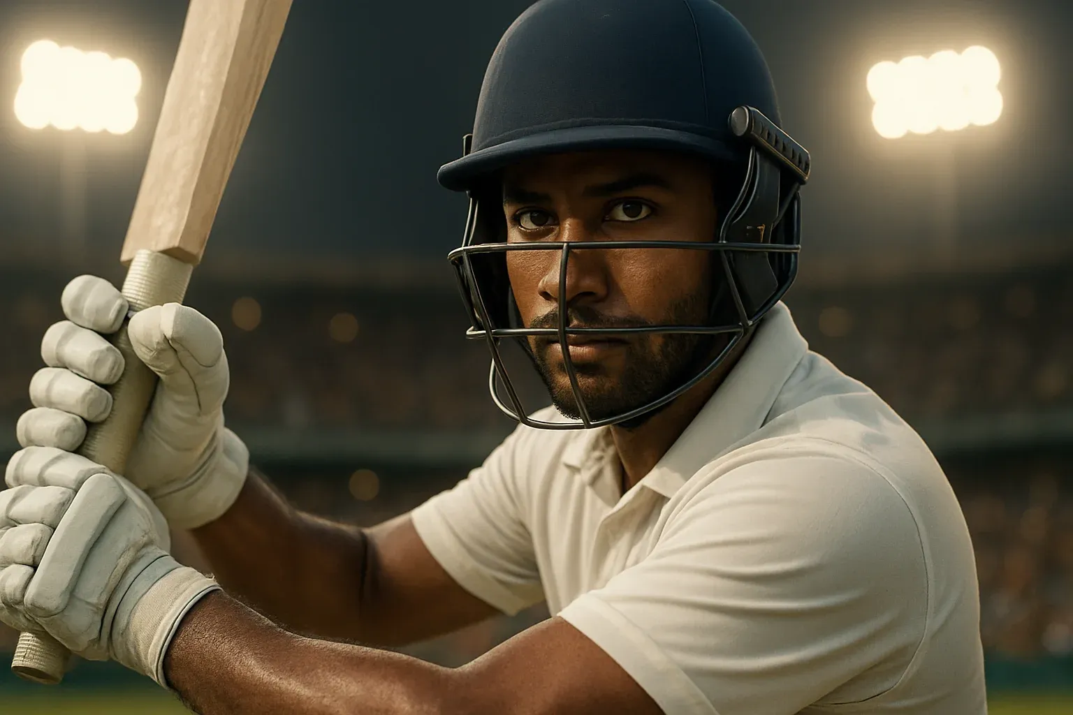 Bangladeshi cricket batsman in white kit mid-swing under stadium floodlights