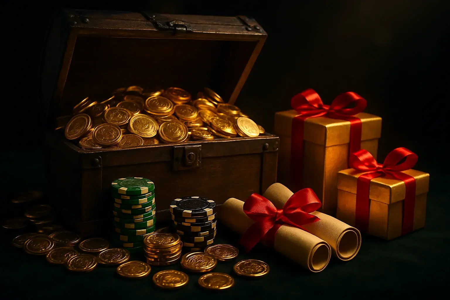 Overflowing treasure chest with gold coins, casino chips, vouchers, and gift boxes
