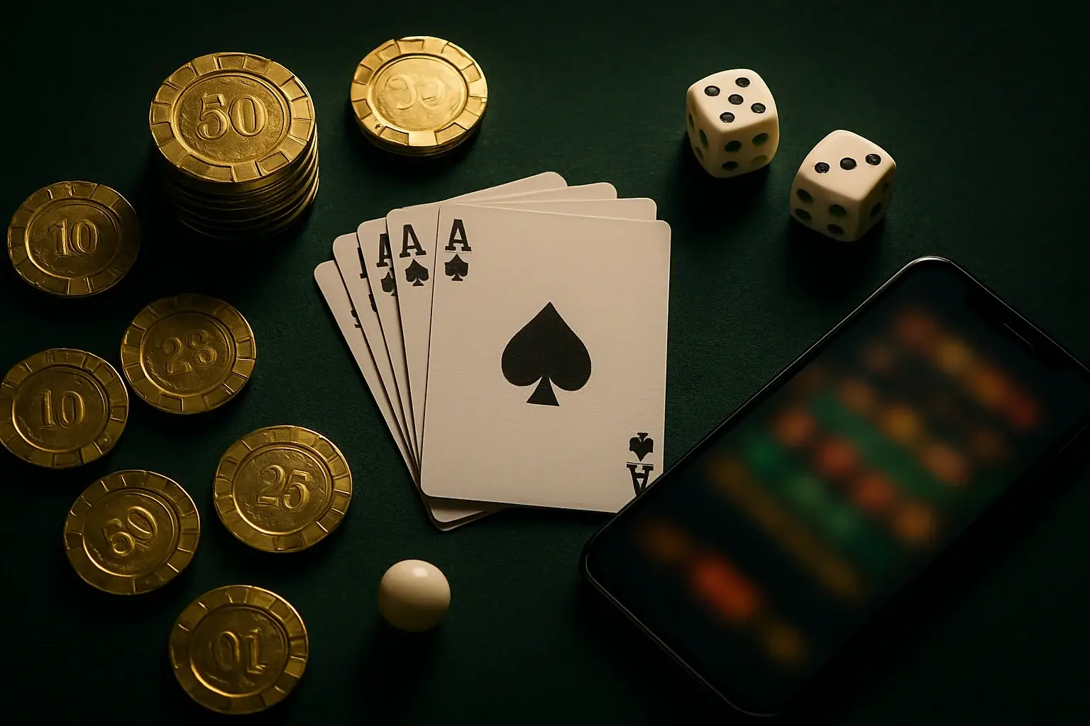 Top-down casino table with gold chips, cards, dice, roulette ball, smartphone