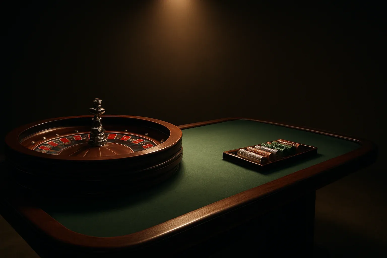 Hyperrealistic live casino studio with empty roulette table and dramatic lighting