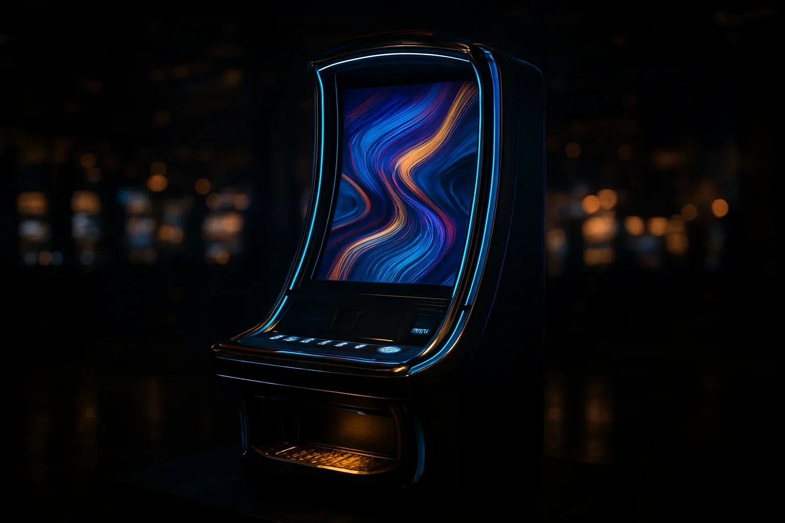 Hyperrealistic premium slot machine glowing in dark luxury casino floor